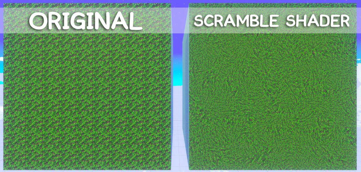 Texture Scramble Shader. Let Cube displays the original tiling texture. Right Cube displays the same texture scramble across it's UV space.