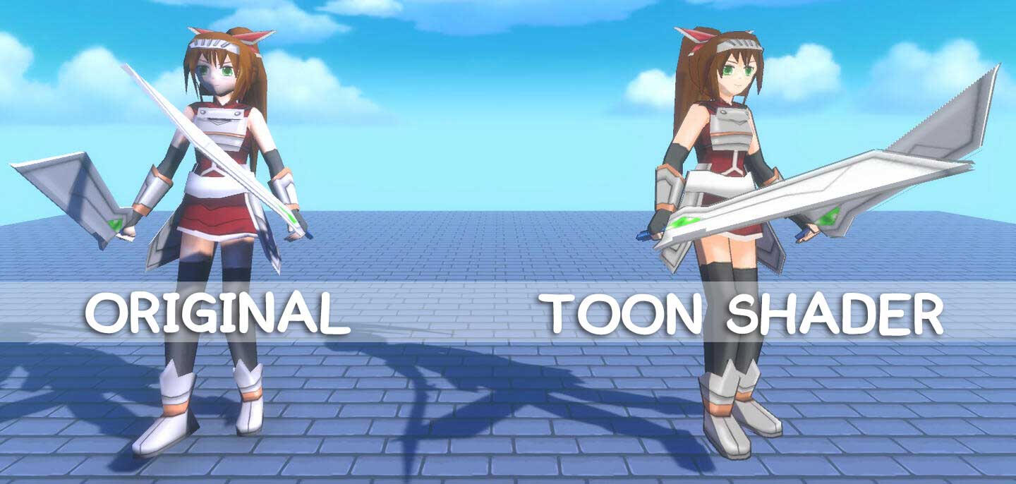 Showcasing a model with the traditional Unity Lit material on the left with my Toon shader on the right.